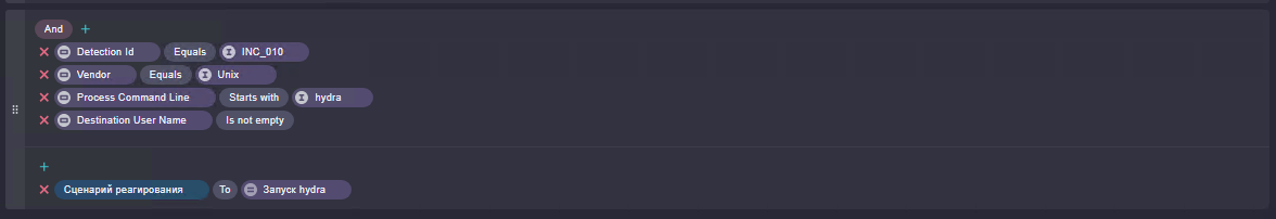 Правила переопределения значений свойств: Detection Id = INC_010, Vendor = Unix, Process Command Line starts with hydra, Destination User Name is not empty → Сценарий реагирования = Запуск hydra