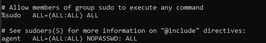 Фрагмент /etc/sudoers: группа sudo и добавленная строка agent ALL=(ALL:ALL) NOPASSWD: ALL
