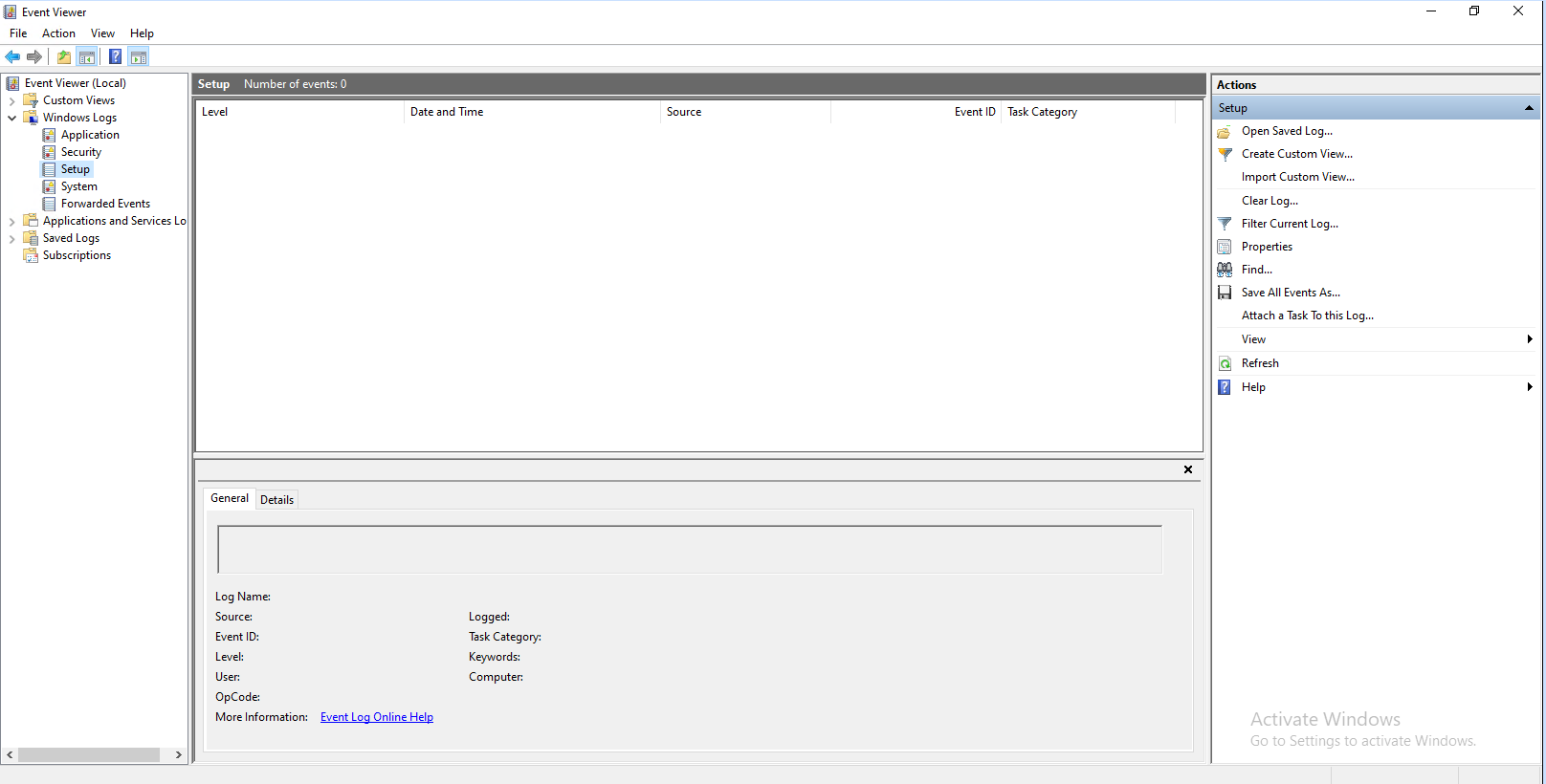 Event Viewer: журнал «Setup» выбран, событий нет